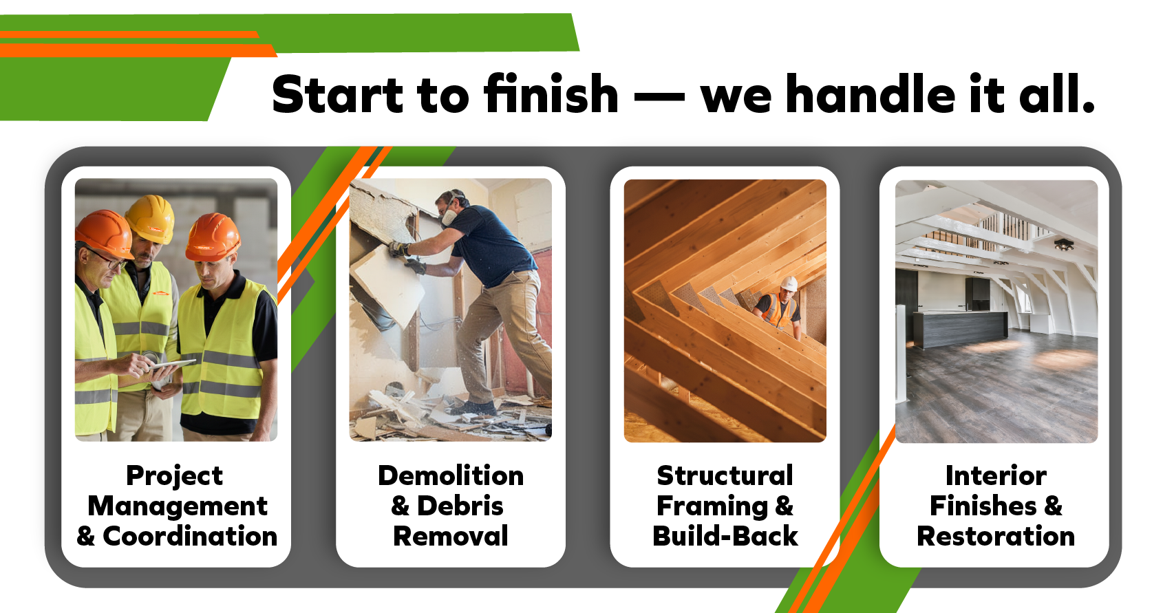 Construction Services You Can Trust. Structural Repairs & Framing, Drywall, Paint & Flooring, General Contracting & Remodels, Large-Loss & Complex Rebuilds.